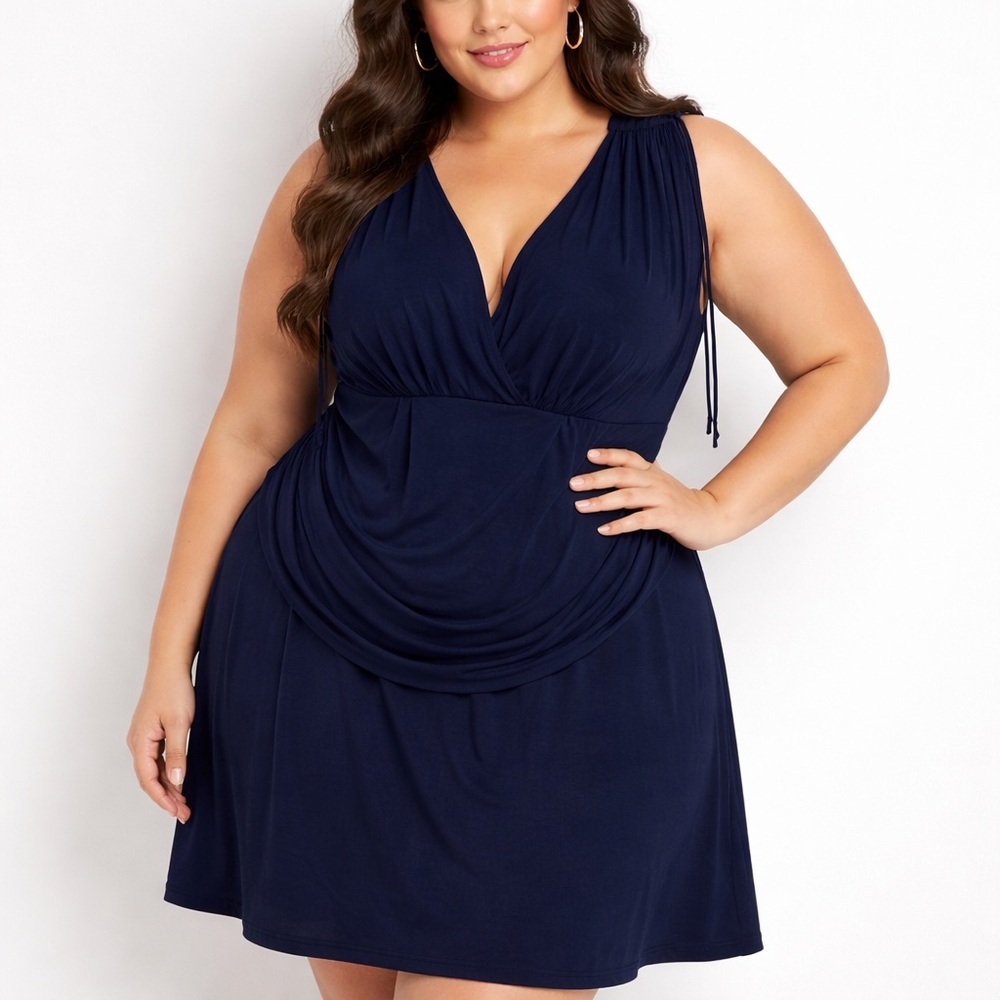 NWT Kiyonna Plus Size Navy Blue Short Dress Sz 4X Ruched Shoulders‎ V-Neckline